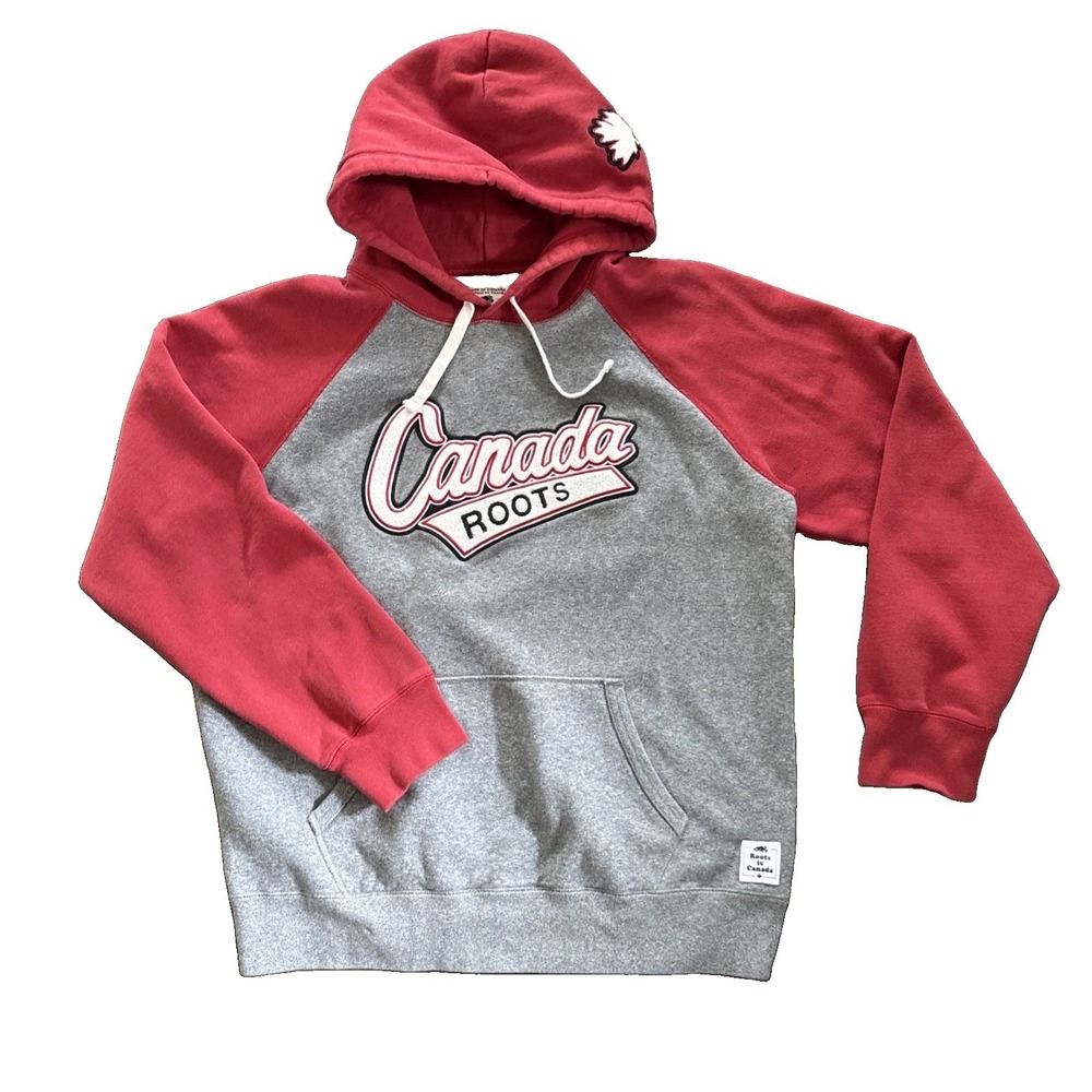 Roots Canada Hoodie Sweatshirt Men XL Gray Red Maple Leaf Pullover